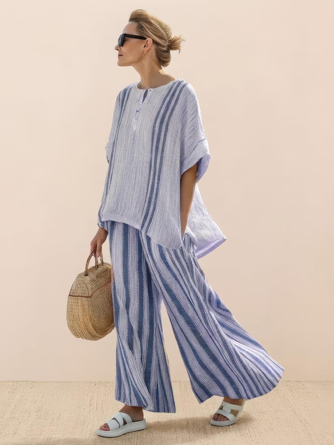 Women's Striped Two Piece Set with Tee and Wide Leg Trousers