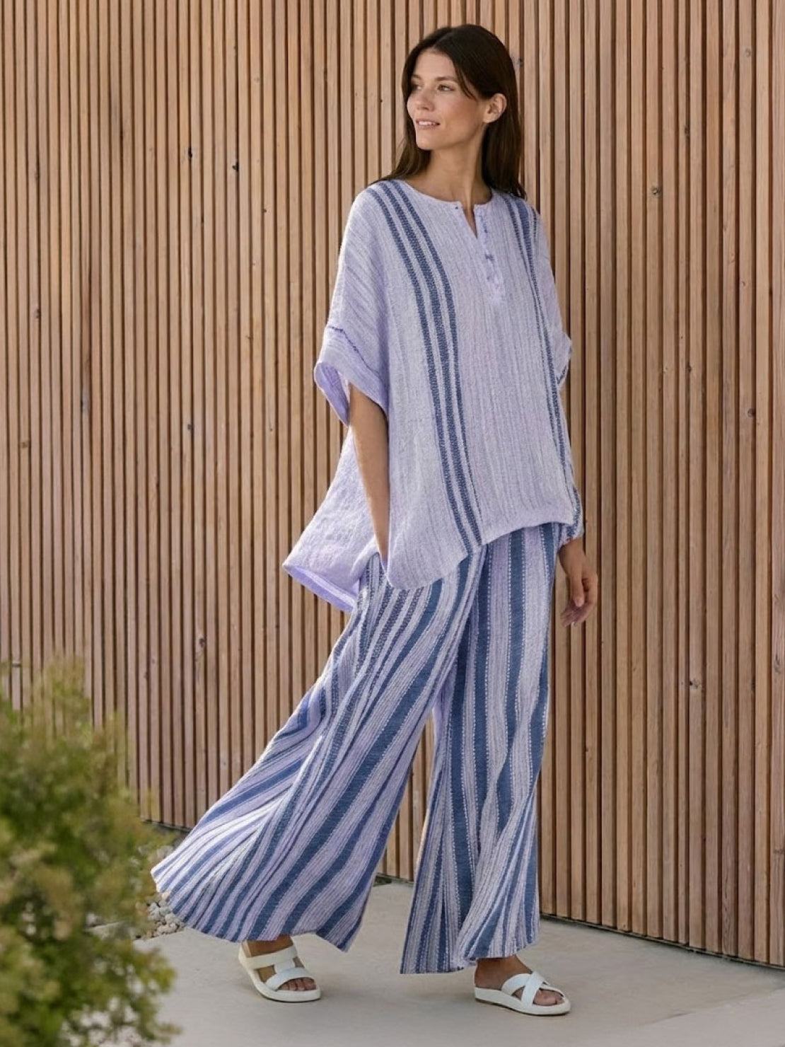 Women's Striped Two Piece Set with Tee and Wide Leg Trousers