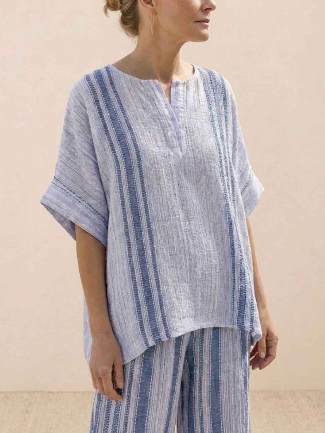 Women's Striped Two Piece Set with Tee and Wide Leg Trousers