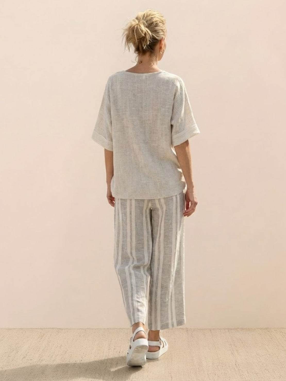 Women's Striped Two Piece Set with Tee and Wide Leg Trousers