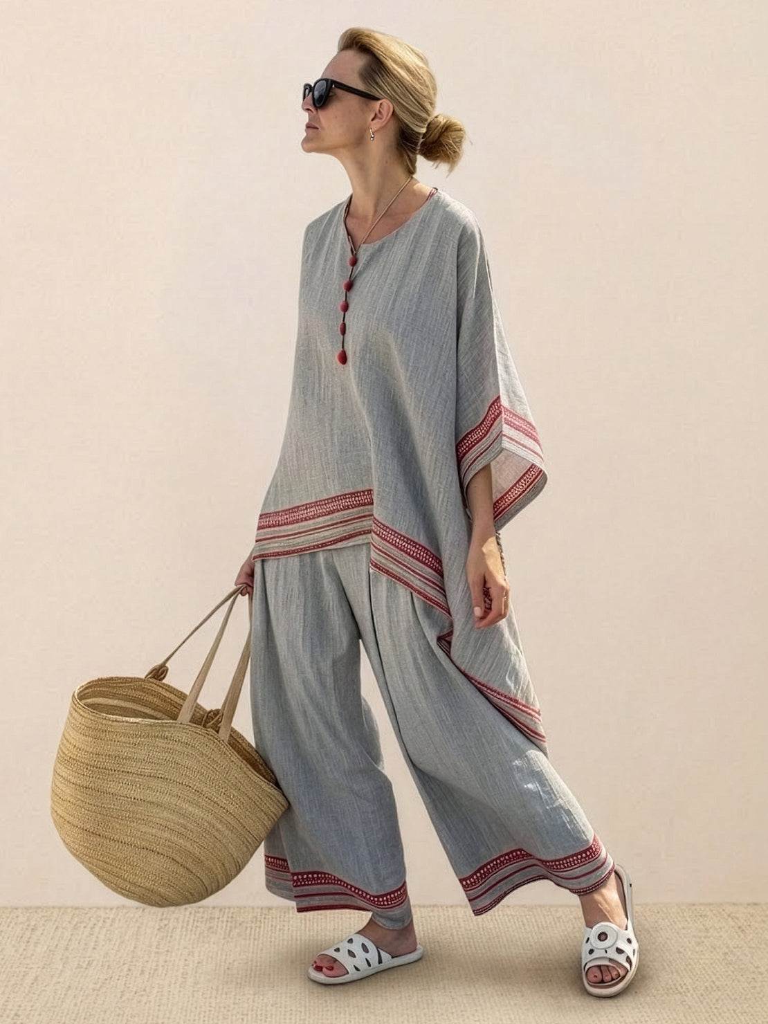 Women's Striped Two Piece Set with Tee and Wide Leg Trousers