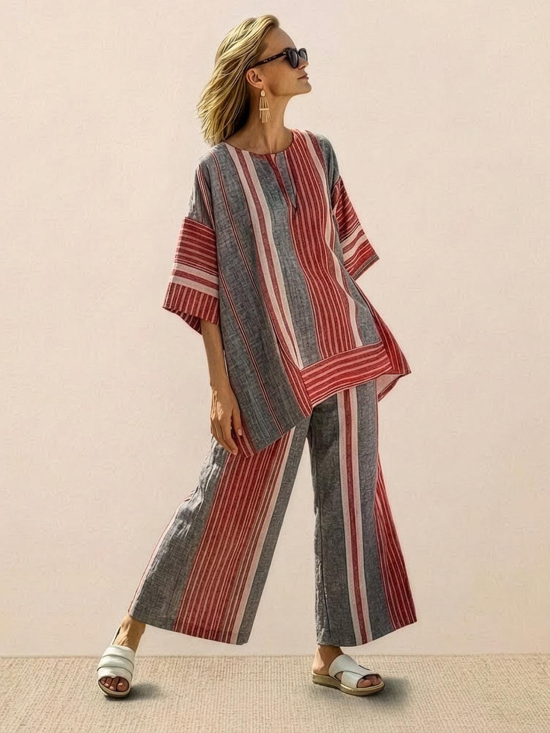 Women's Striped Two Piece Set with Tee and Wide Leg Trousers