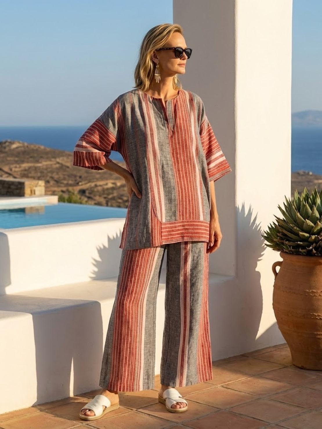 Women's Striped Two Piece Set with Tee and Wide Leg Trousers