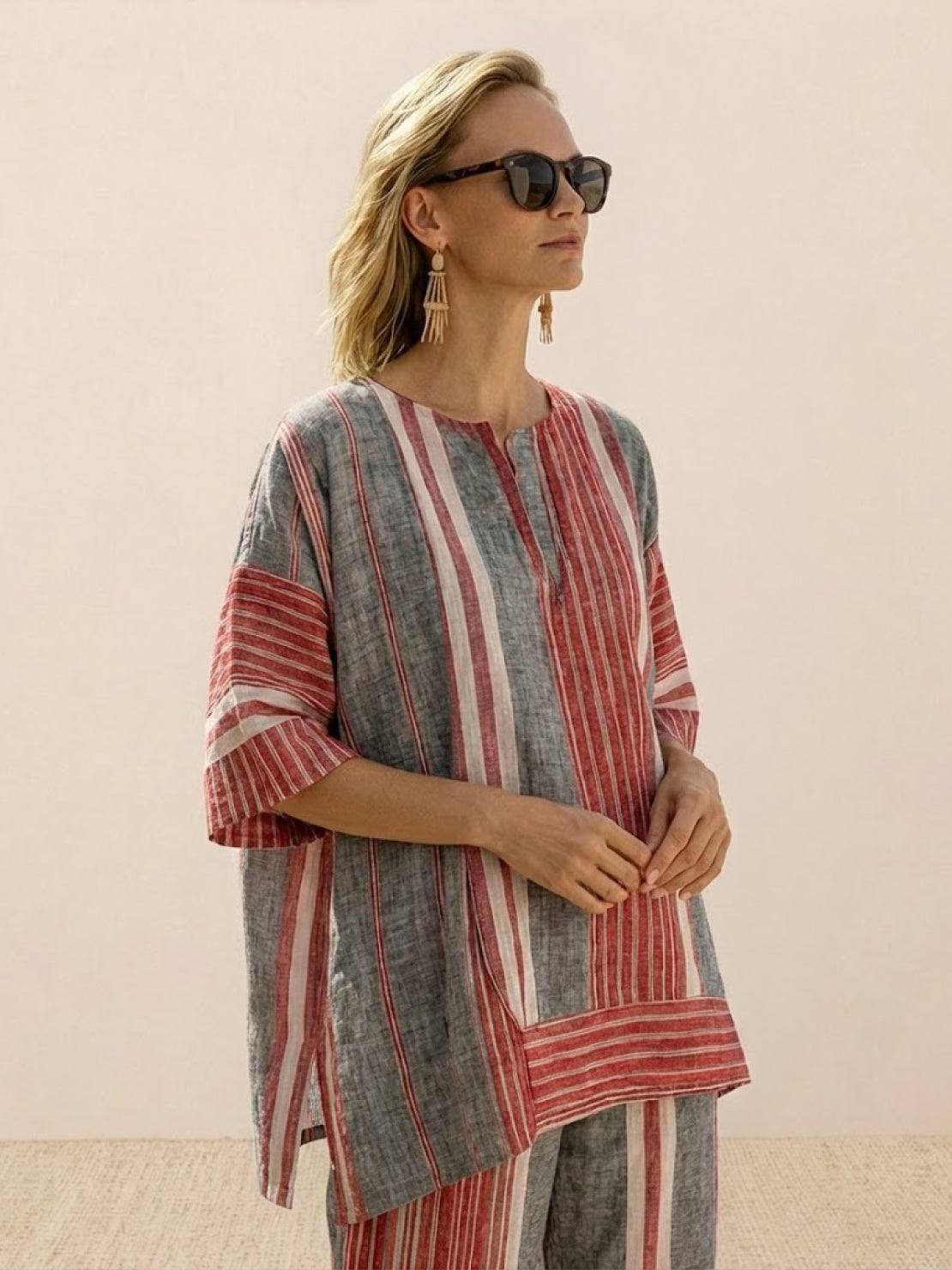 Women's Striped Two Piece Set with Tee and Wide Leg Trousers