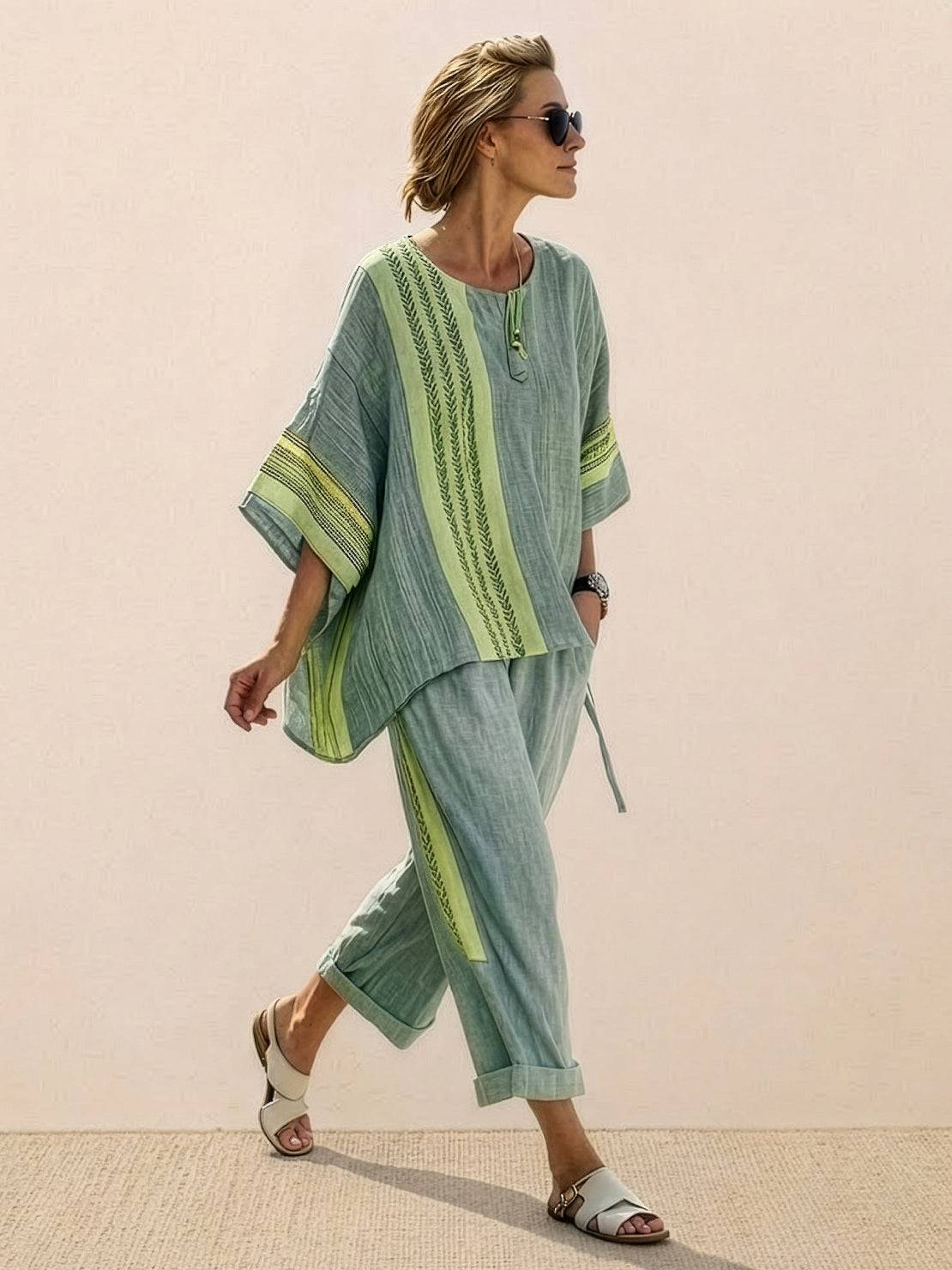 Women's Striped Two Piece Set with Tee and Wide Leg Trousers