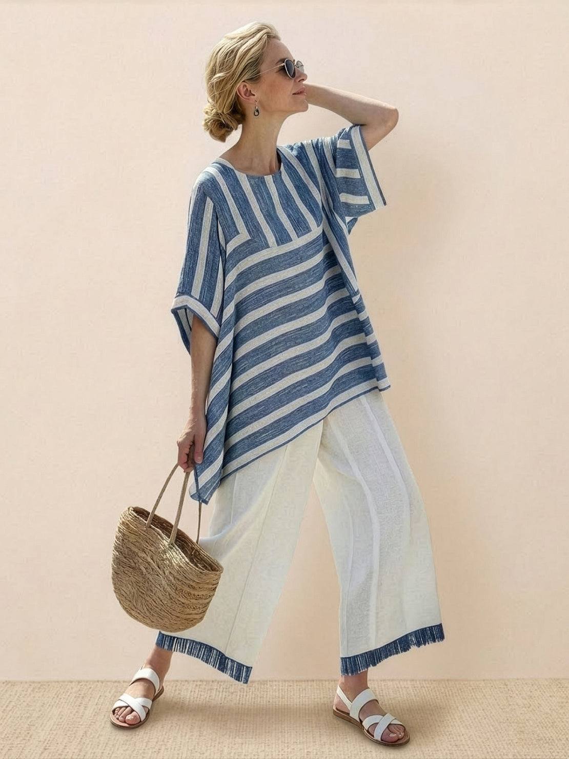 Women's Striped Two Piece Set with Tee and Wide Leg Trousers