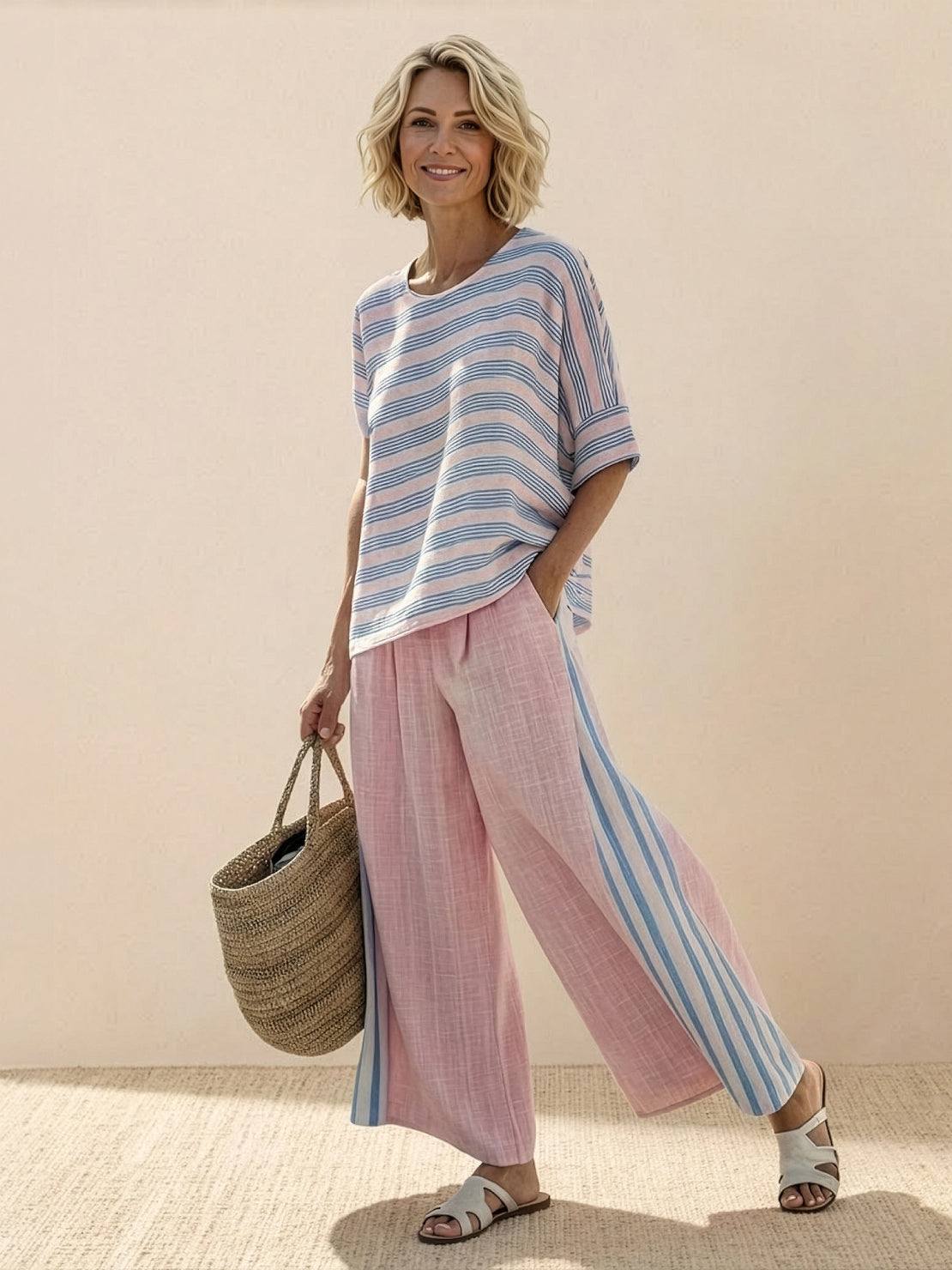 Women's Striped Two Piece Set with Tee and Wide Leg Trousers