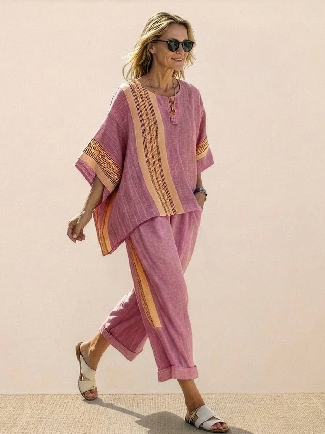 Women's Striped Two Piece Set with Tee and Wide Leg Trousers