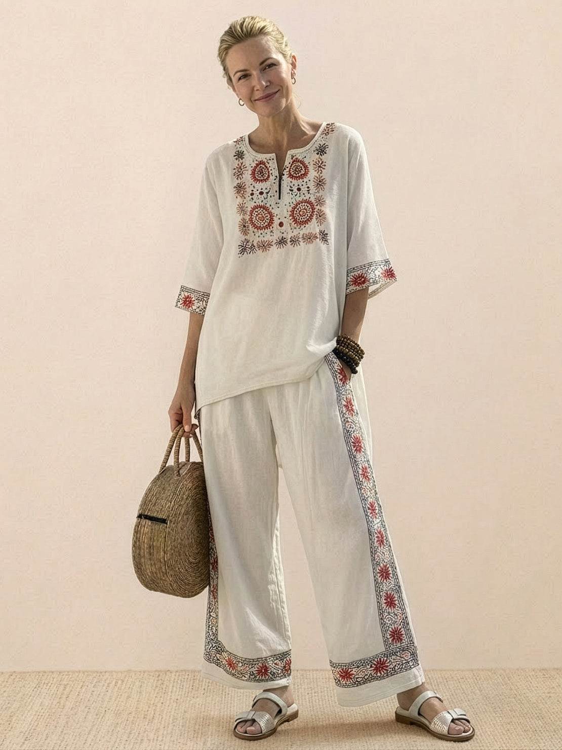 Women's Striped Two Piece Set with Tee and Wide Leg Trousers