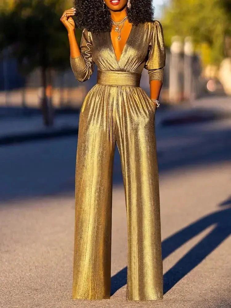 Xia - Women's jumpsuit with long sleeves and a shiny satin effect - photo 2