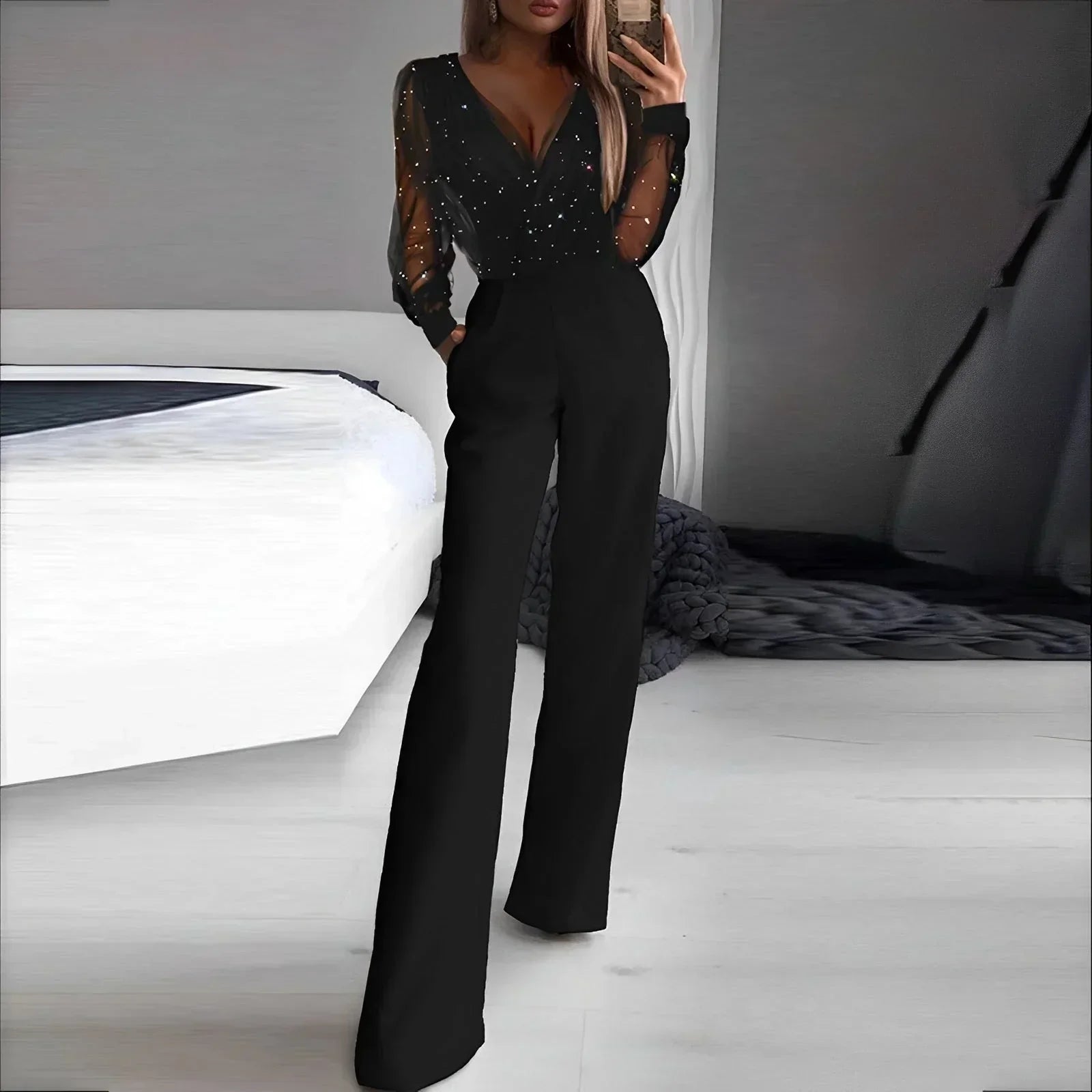 Valerie - Women's Black Jumpsuit with Sheer V-Neck and Flared Legs - photo 1