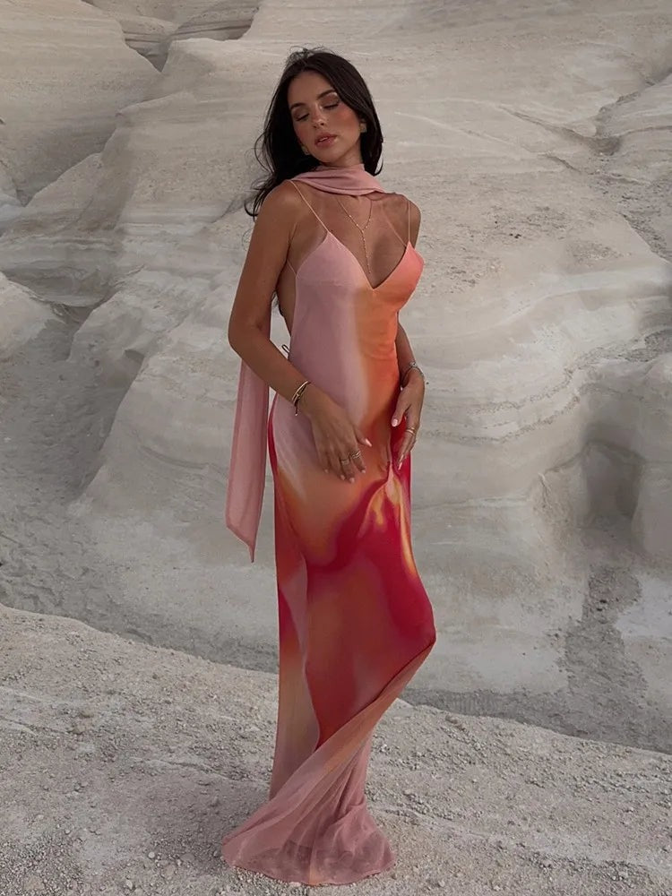 Coralia - Women's Satin Maxi Dress with Fine Straps - photo 2