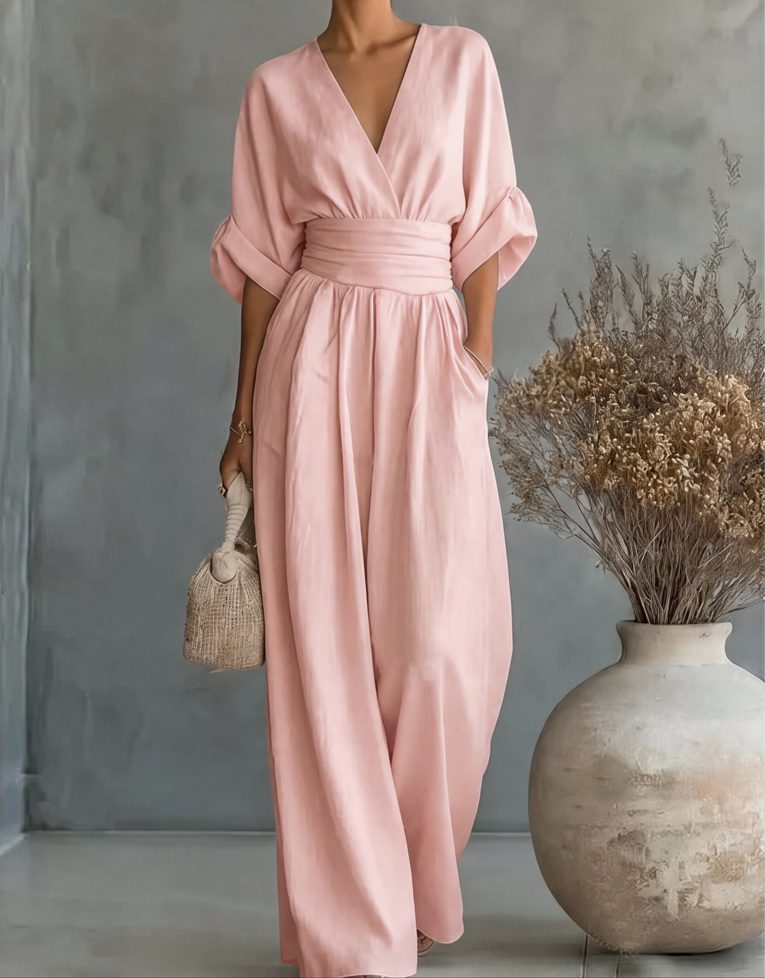 Women's Wide Leg Jumpsuit with Crossover Neckline