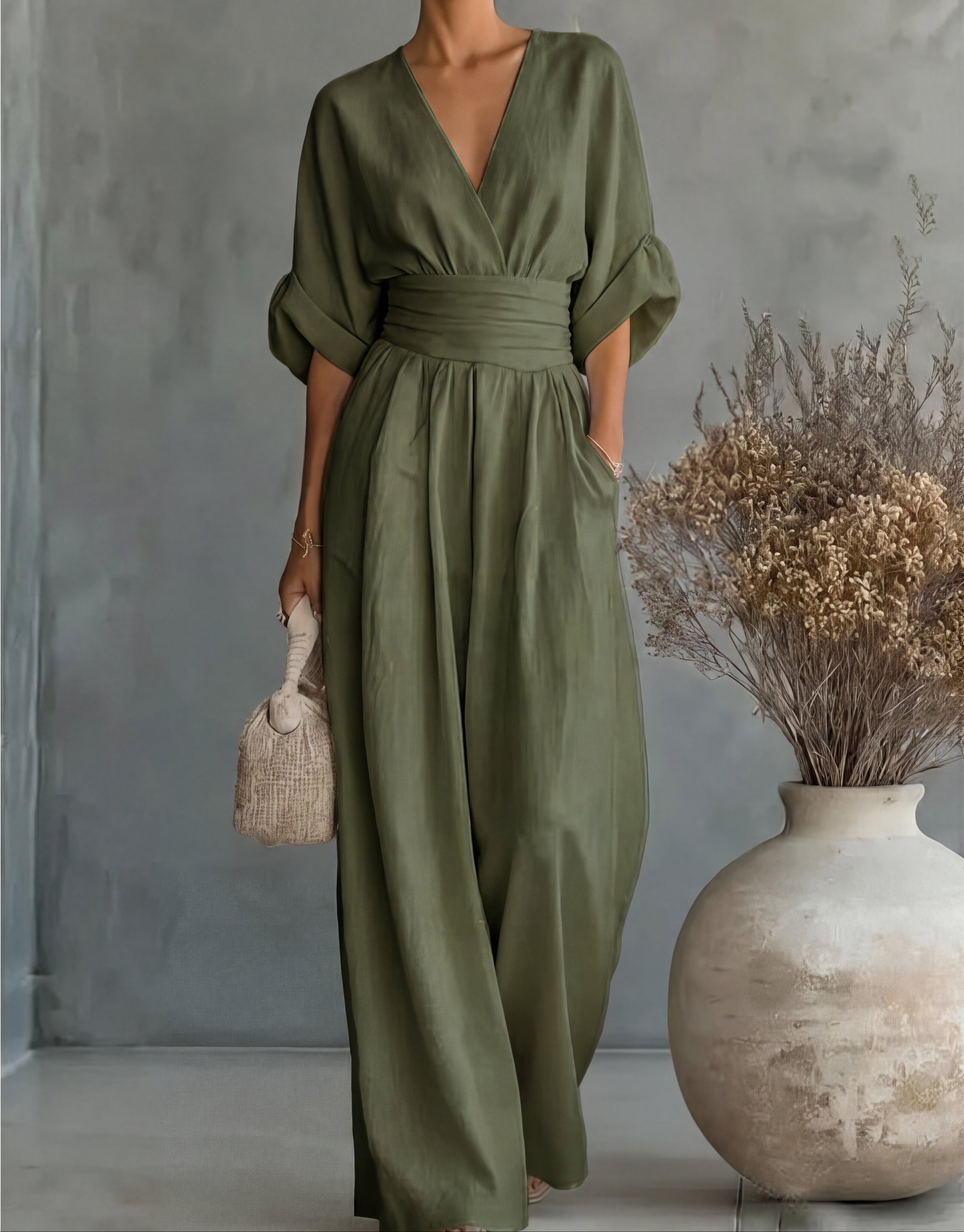 Women's Wide Leg Jumpsuit with Crossover Neckline