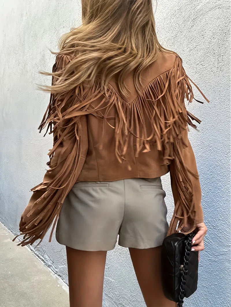 Women's Cropped Fringe Jacket in Brown