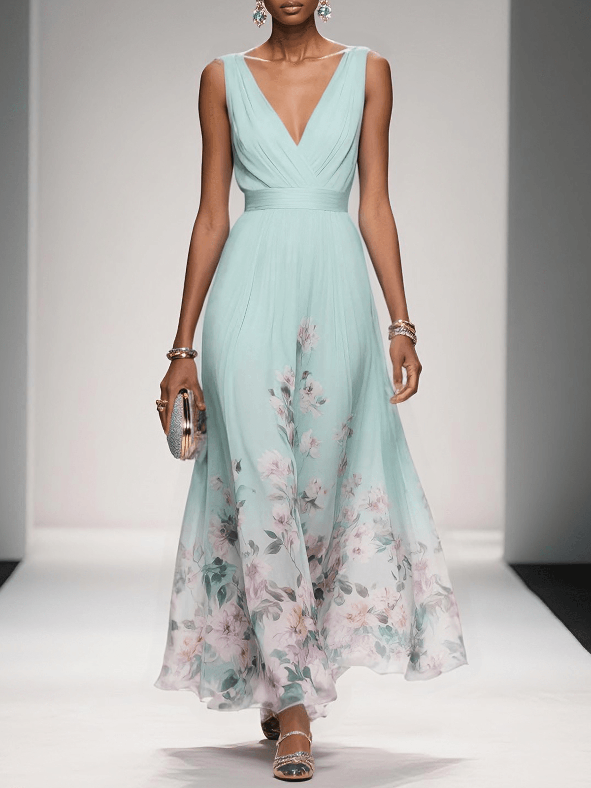 Rochie midi florală cu decolteu adânc în V pentru damă