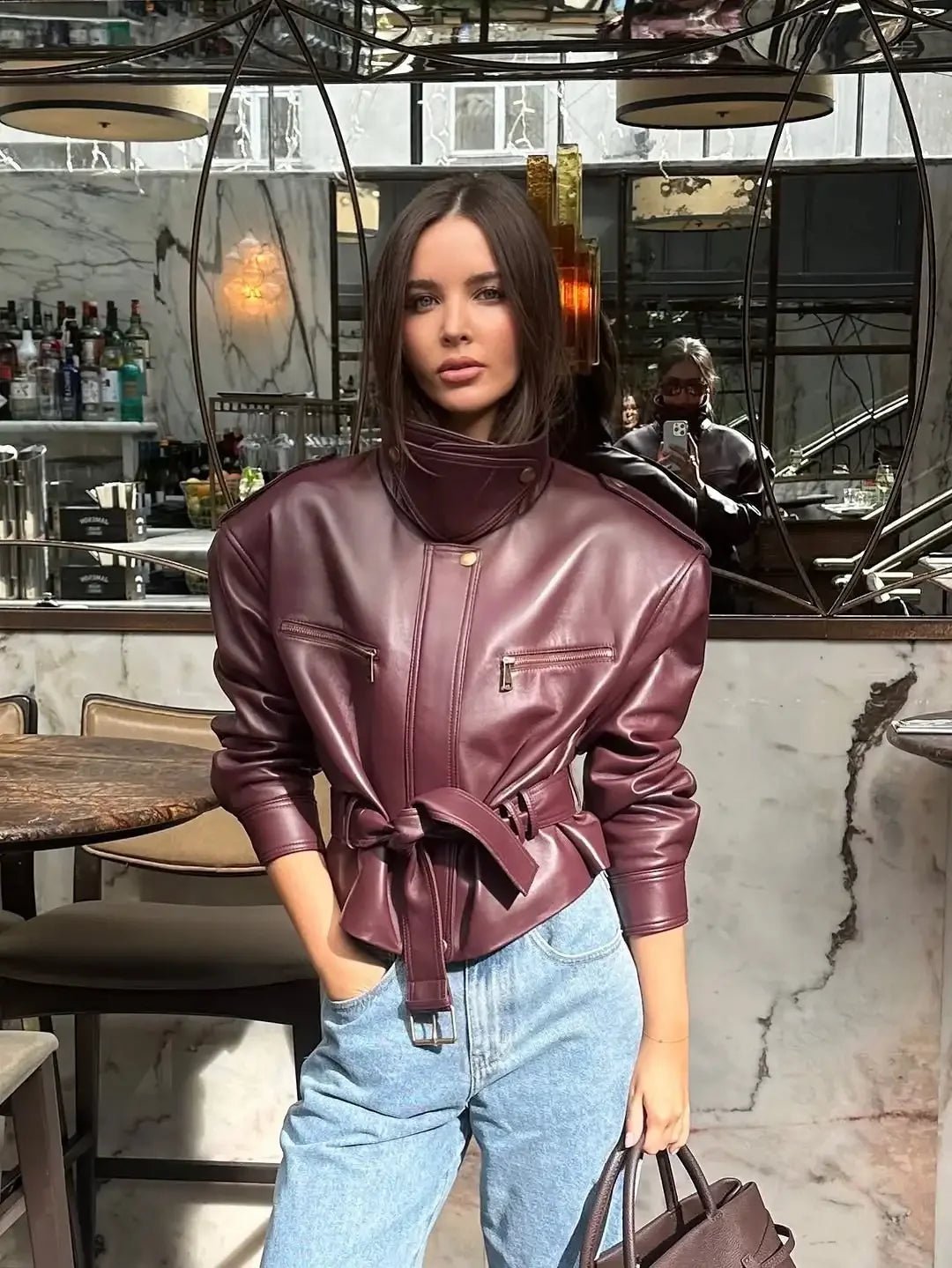 Delia - Women's Relaxed Biker Jacket with Zip Front and Tie Belt in Burgundy