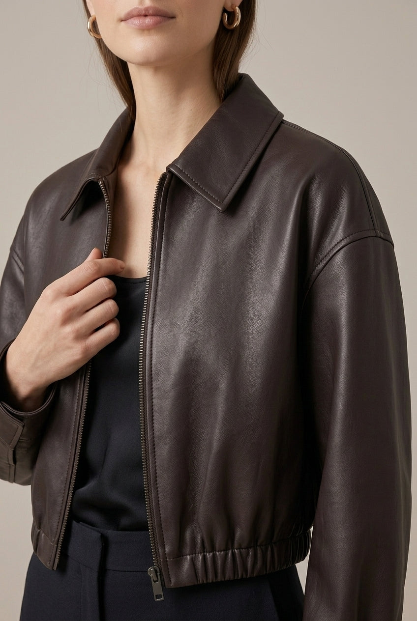 Women's Cropped Faux Leather Bomber Jacket