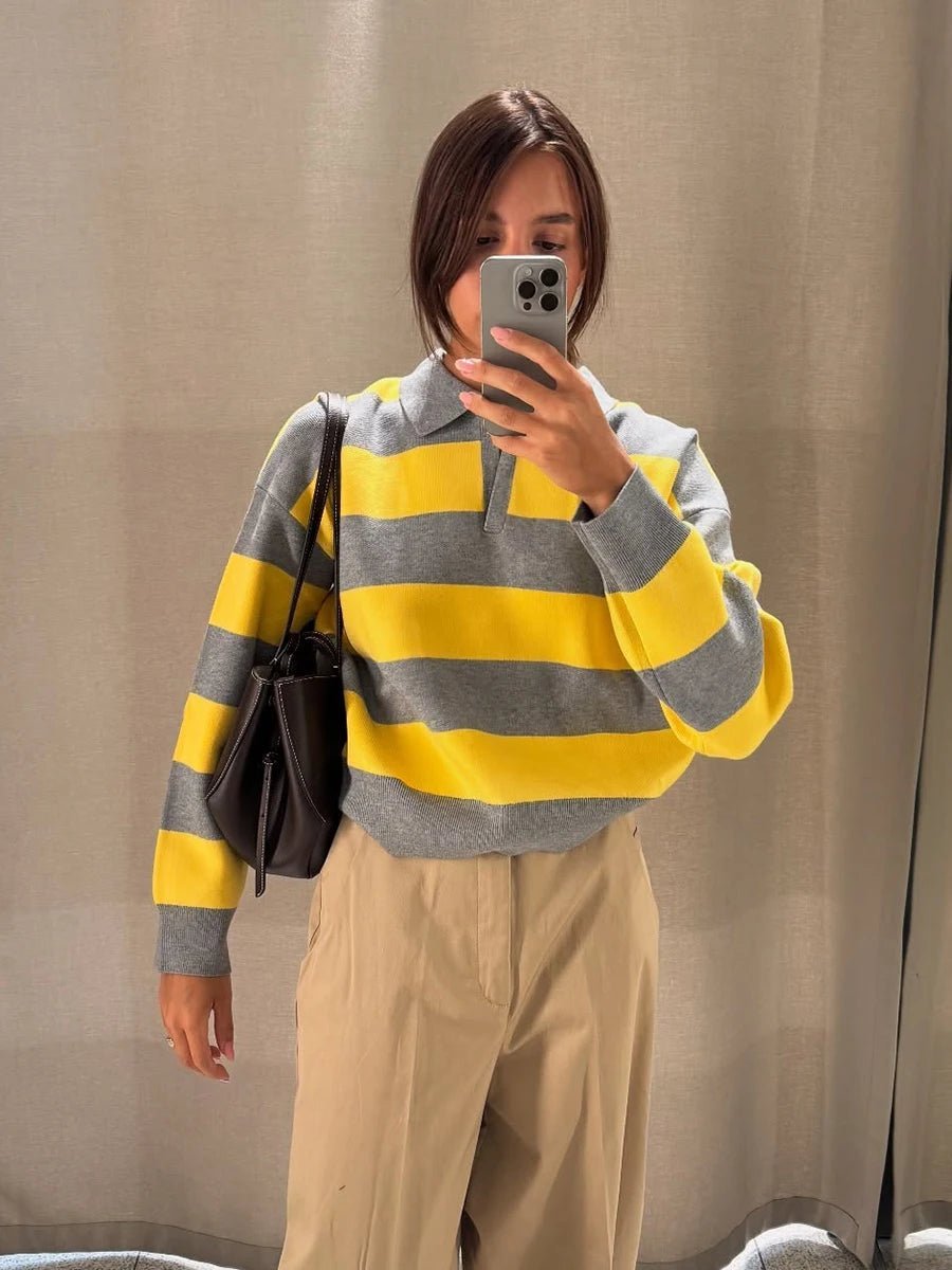 Diana - Women's Knitted Jumper with Stripe and V-Neck - photo 6