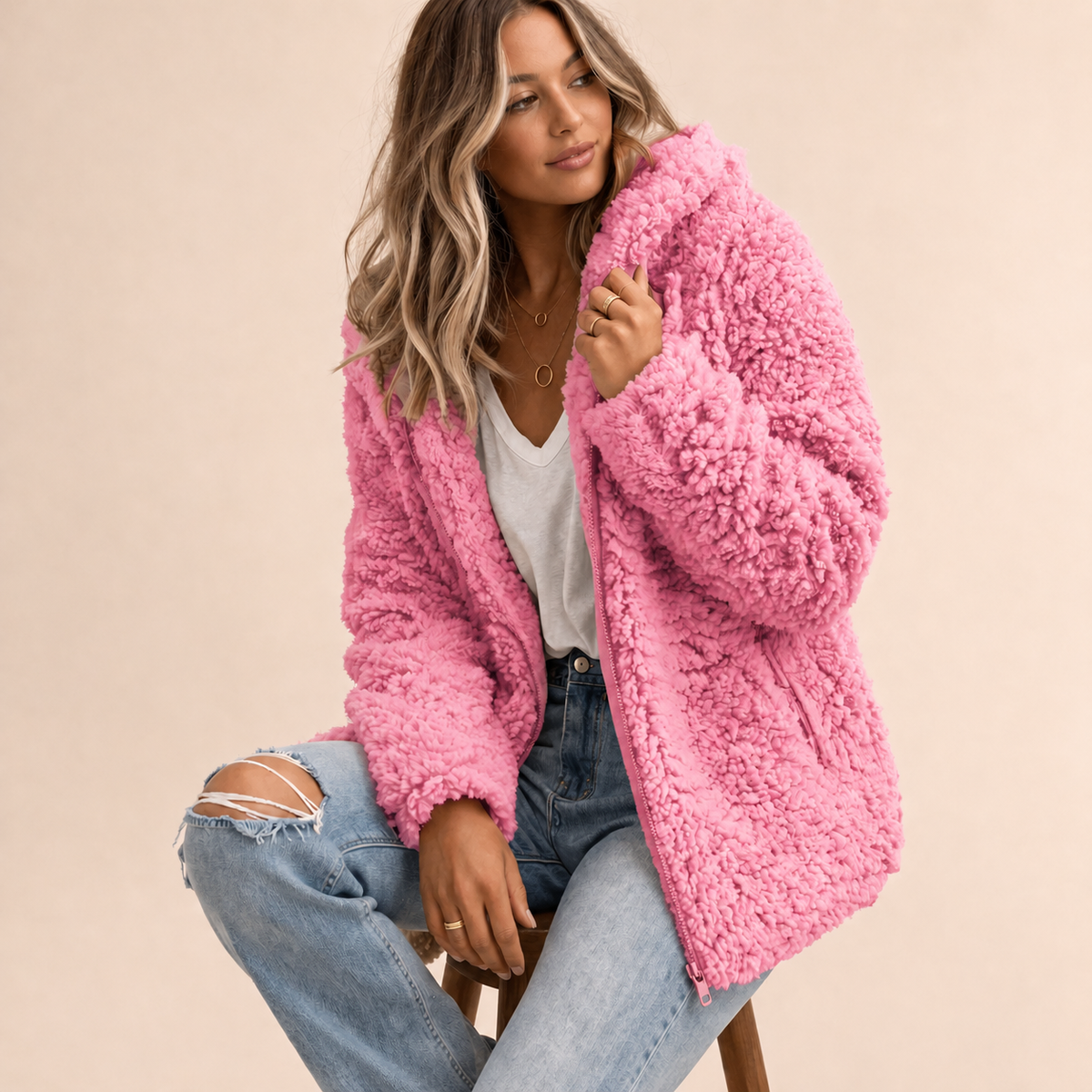 Dolly - Women's Oversized Teddy Coat with Shawl Collar - photo 1