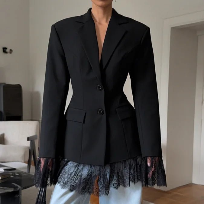 Dorinda - Women's Blazer with Lace Trim and Collar in Black