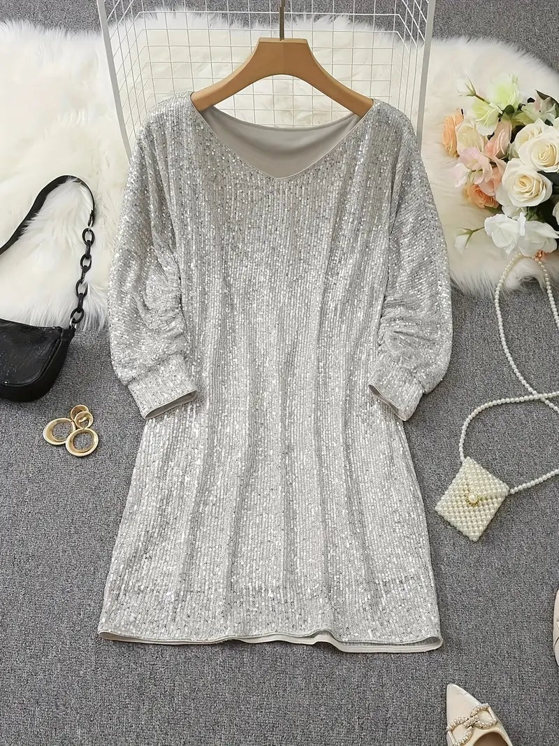 Women's Off-Shoulder Sequin Mini Dress with Batwing Sleeves - photo 4