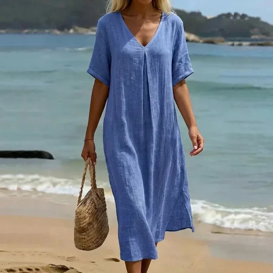 Claudia - Women's Flowing Midi Dress with Short Sleeves