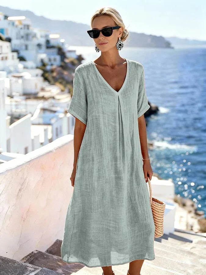 Claudia - Women's Flowing Midi Dress with Short Sleeves