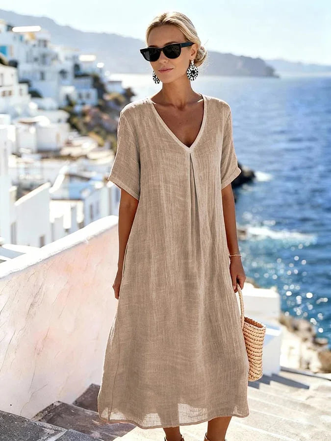 Claudia - Women's Flowing Midi Dress with Short Sleeves
