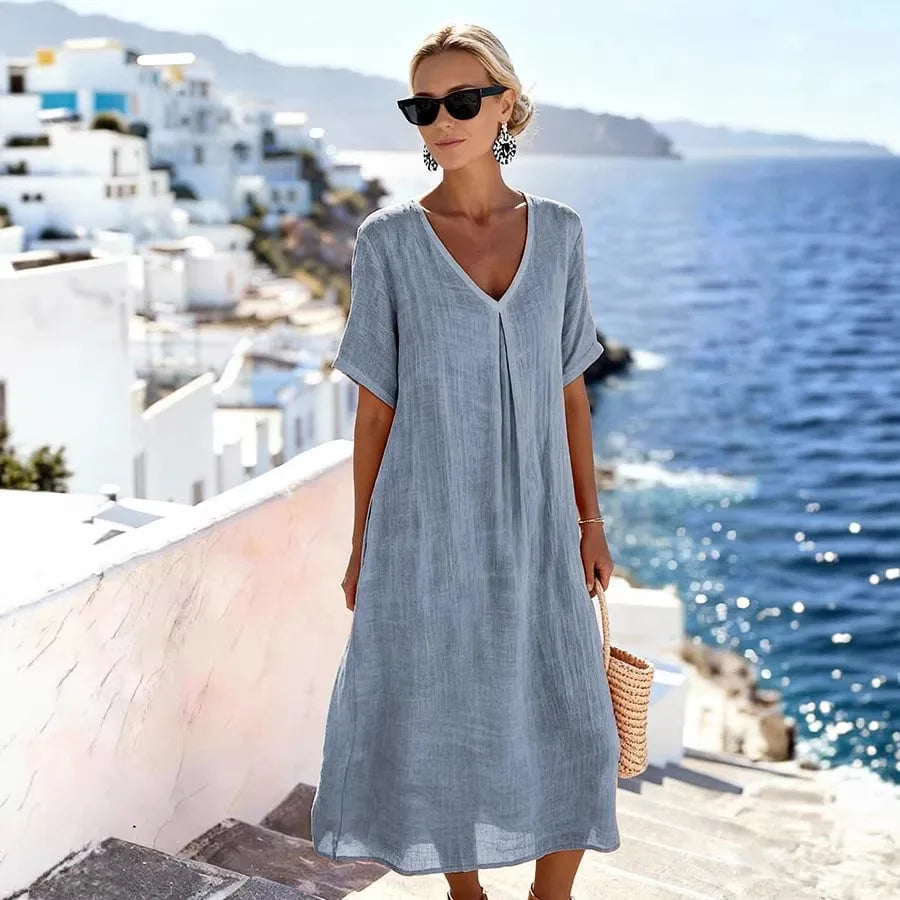 Claudia - Women's Flowing Midi Dress with Short Sleeves