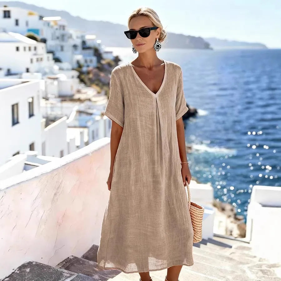 Claudia - Women's Flowing Midi Dress with Short Sleeves