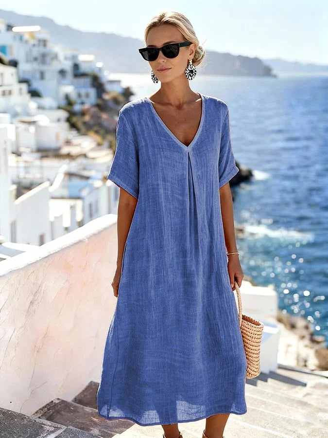 Claudia - Women's Flowing Midi Dress with Short Sleeves