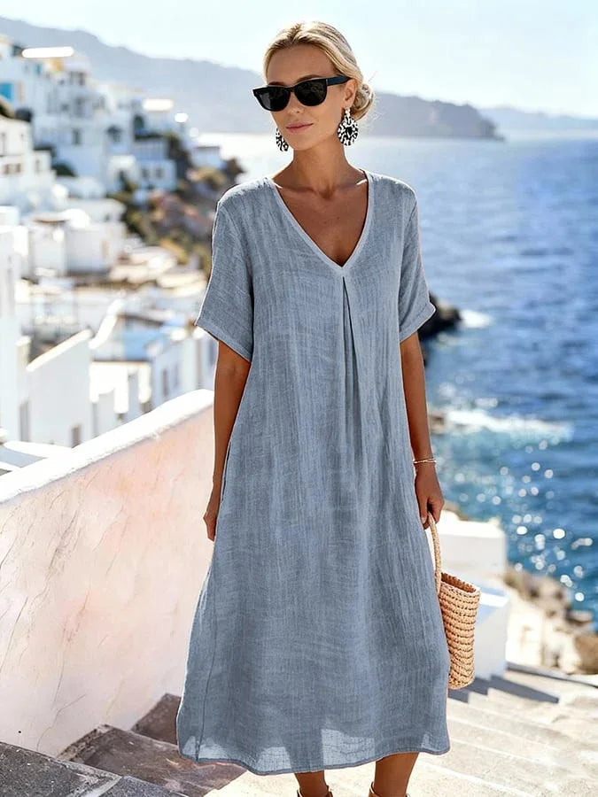Claudia - Women's Flowing Midi Dress with Short Sleeves