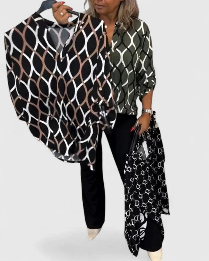 Janne - Women's V-Neck Blouse with Roll-Tab Sleeves
