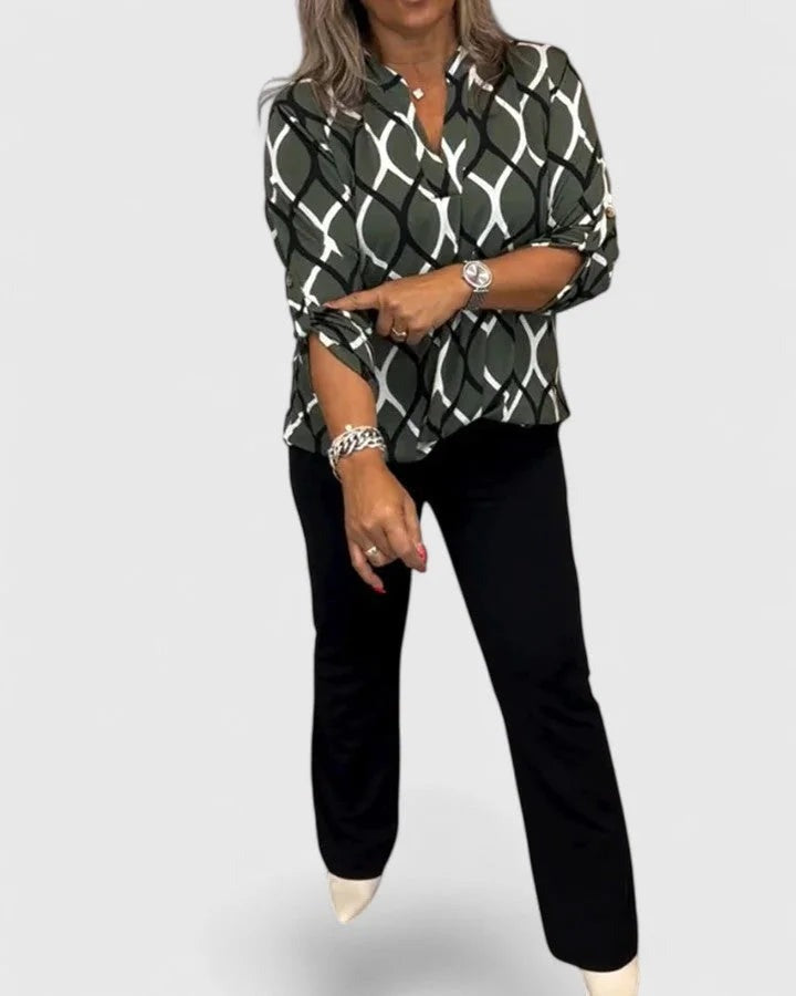 Janne - Women's V-Neck Blouse with Roll-Tab Sleeves