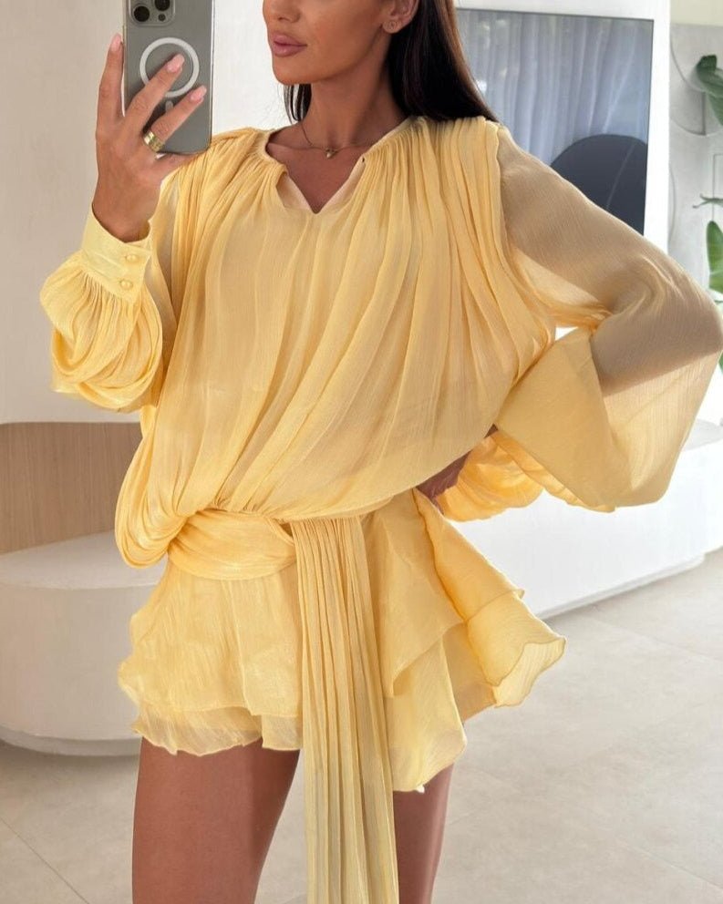 Elouise - Women's Relaxed Mini Dress with Pleats and Ruffle Trim in Yellow