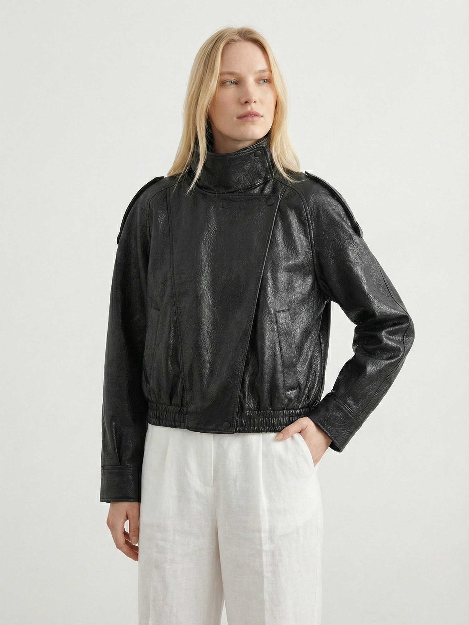 Elsa - Women's Oversized Structured High-neck Faux Leather Jacket - photo 3