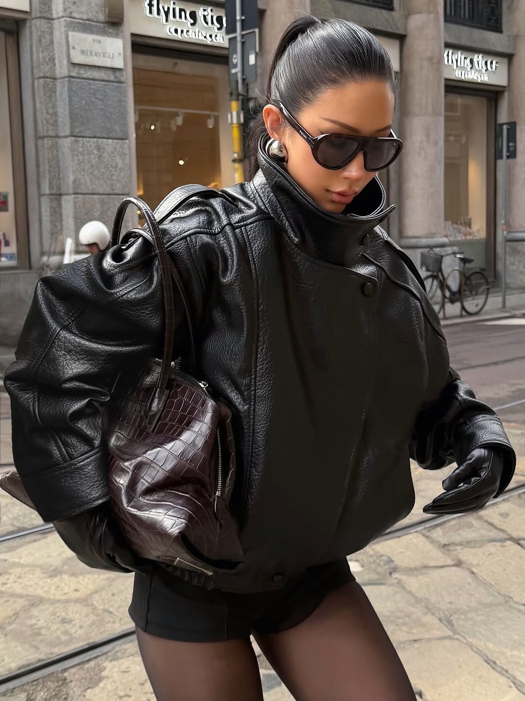 Elsa - Women's Oversized Structured High-neck Faux Leather Jacket - photo 7