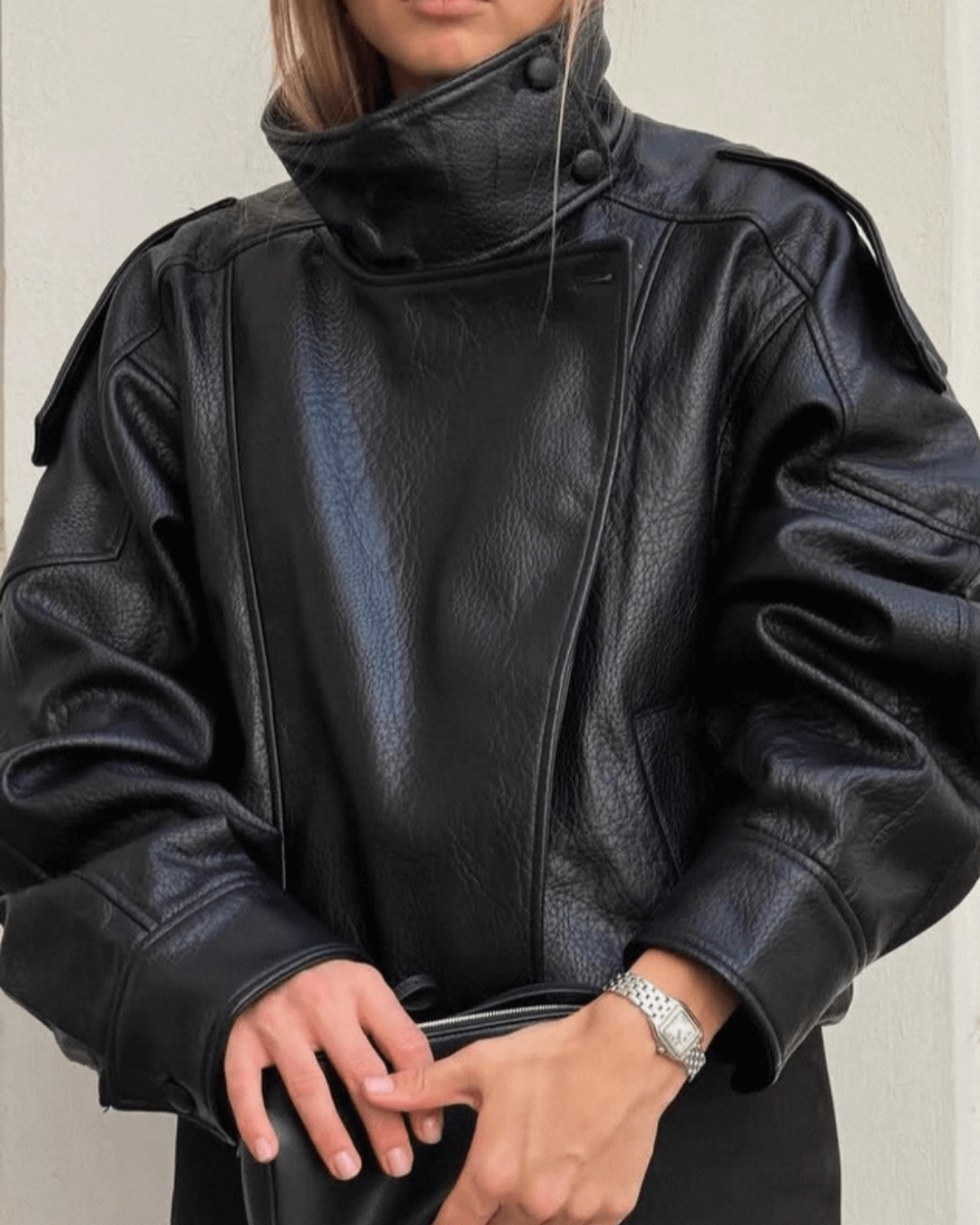 Elsa - Women's Oversized Structured High-neck Faux Leather Jacket - photo 8