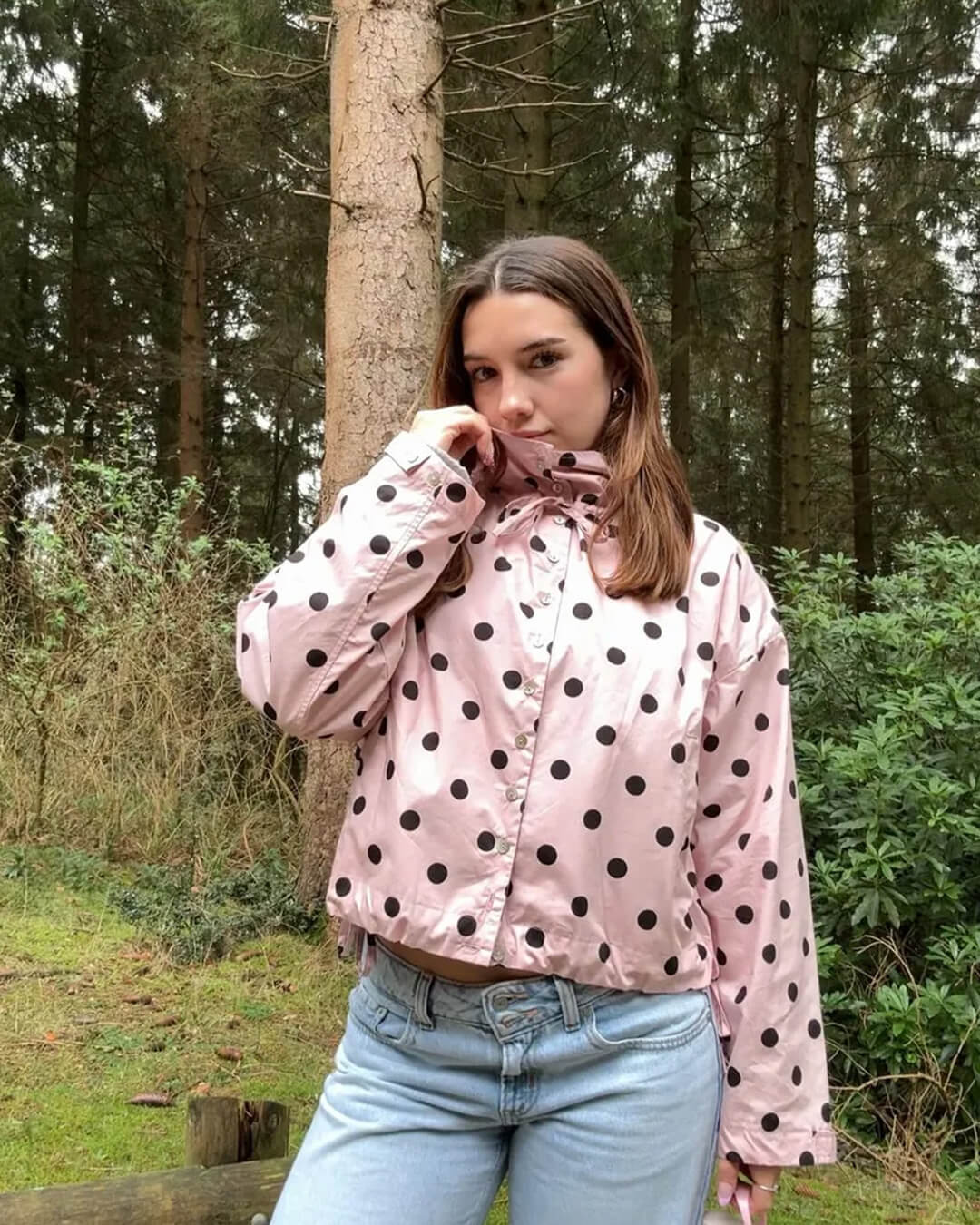 Emmaline - Women's Jacket with Polka Dot Print and Collar in Pink