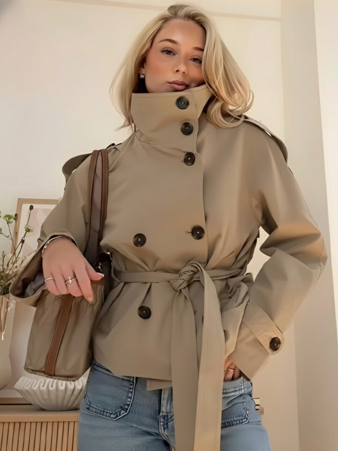 Enid - Women's Structured Short Belted Trench Coat with Waist Tie - photo 2