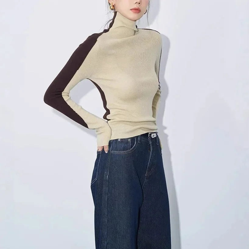 Evangeline - Women's Blouse with Colour Blocking and Roll Neck - photo 3