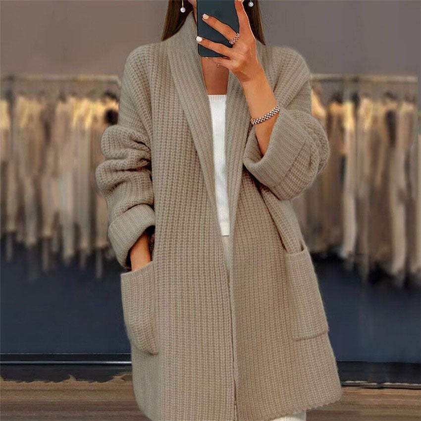 Fabienne - Women's Knitted Cardigan with Side Pockets in Brown