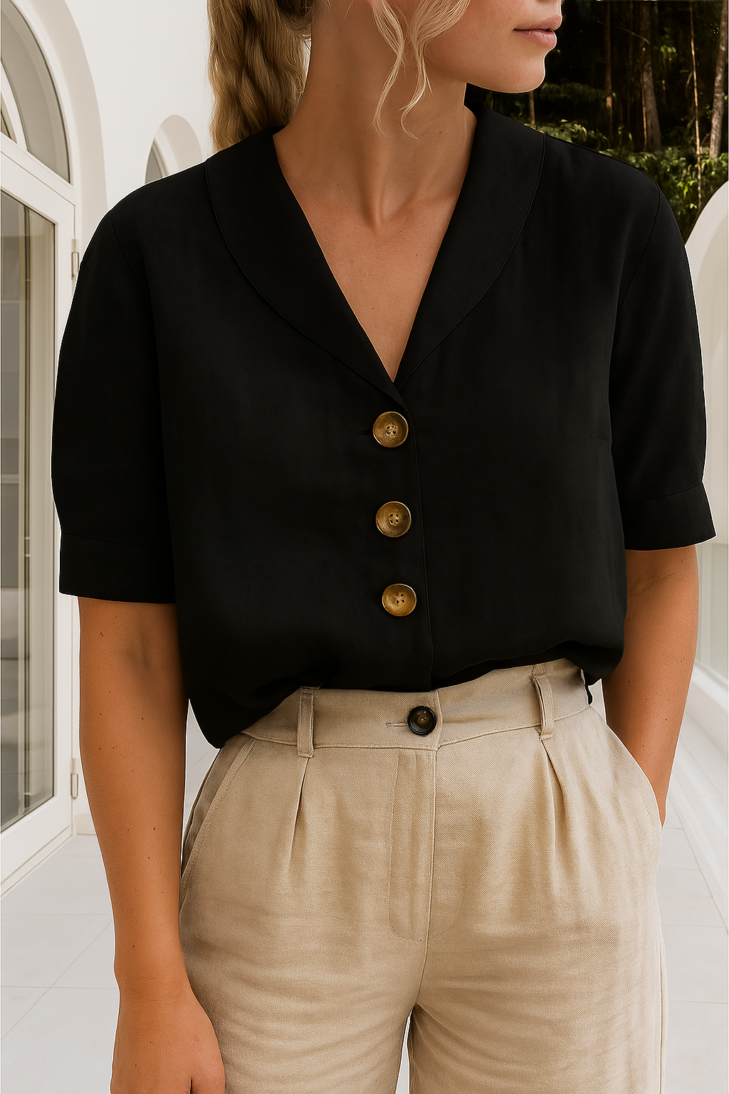 Fanchon - Women's Relaxed Blouse with Button Front and V-Neck - photo 3