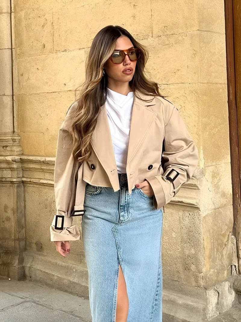 Fionnuala - Women's Cropped Trench Coat with Button Front - photo 7