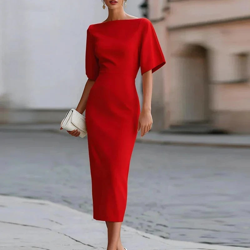 Florence - Women's Fitted Midi Dress with Short Sleeves - photo 2