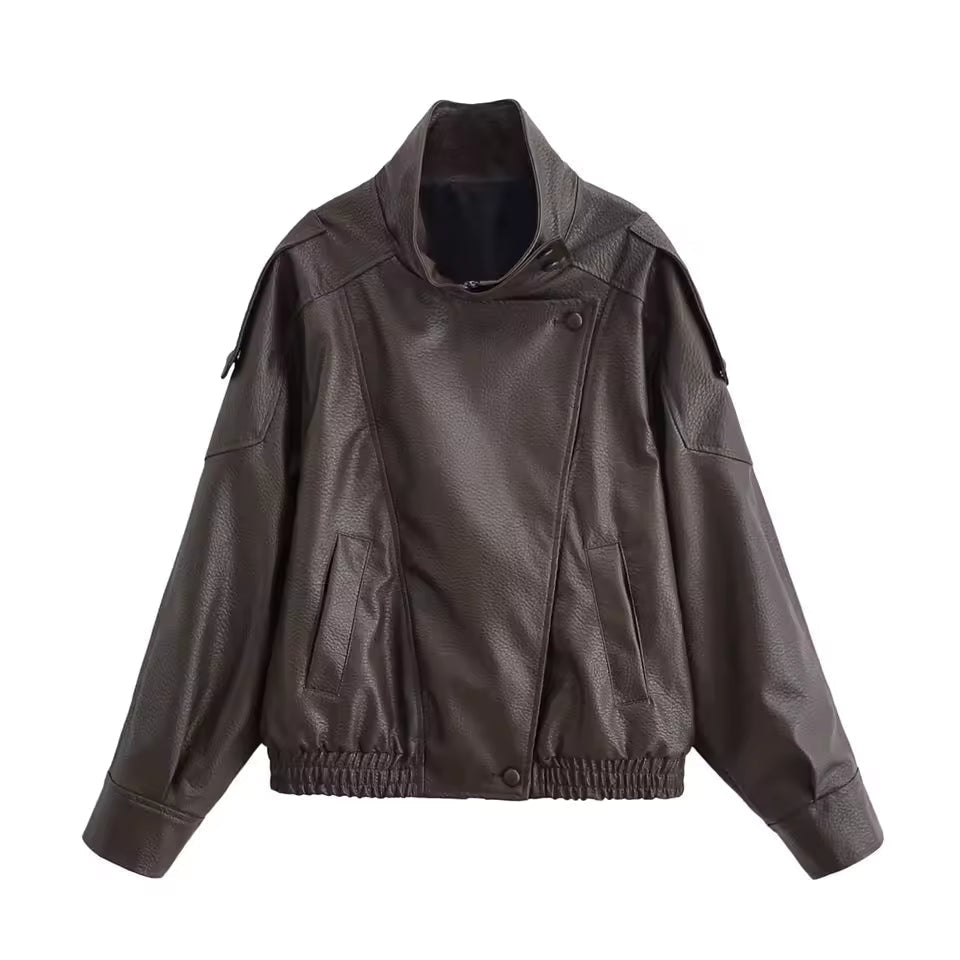 Garnet - Women's Jacket with Asymmetric Hem and Button Front in Dark Brown