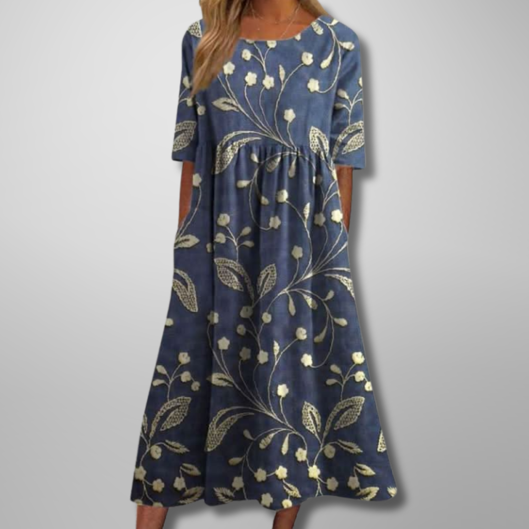 Gemma - Women's Botanical Print Round Neck Loose Midi Dress - photo 1