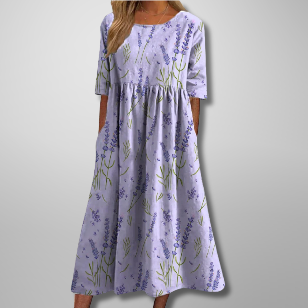 Gemma - Women's Botanical Print Round Neck Loose Midi Dress - photo 3