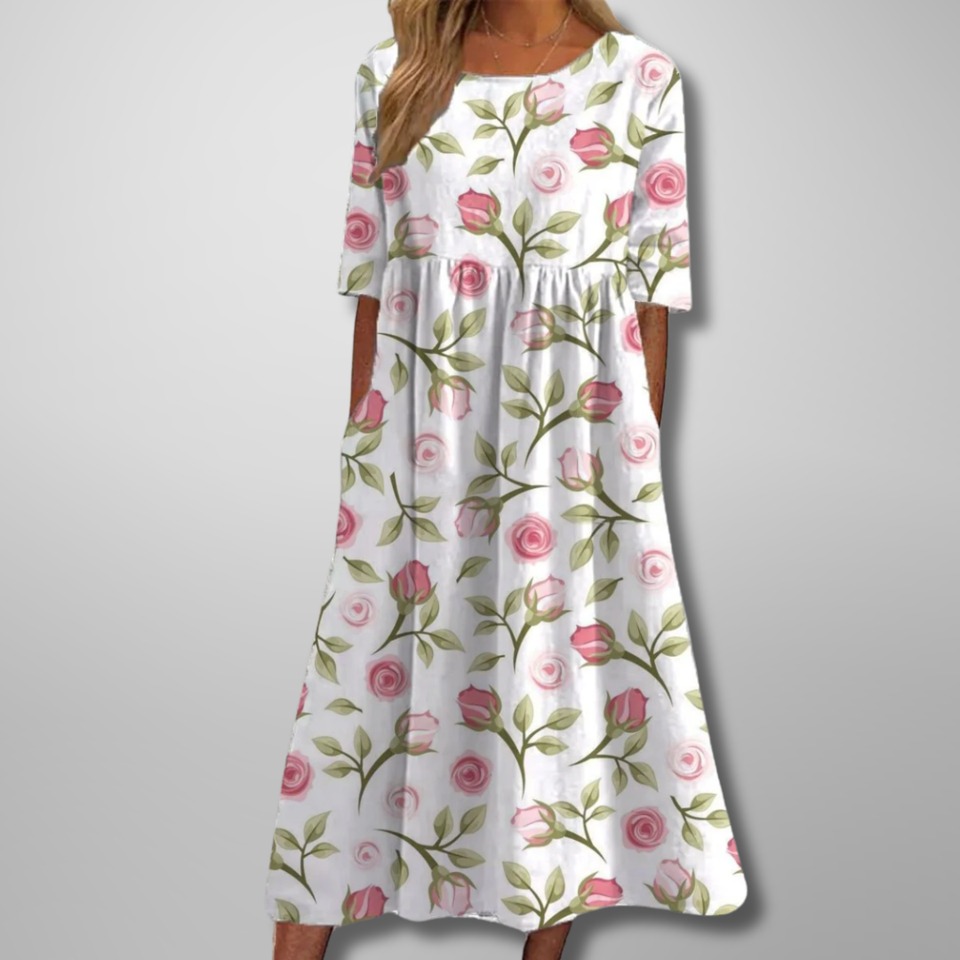 Gemma - Women's Botanical Print Round Neck Loose Midi Dress - photo 8